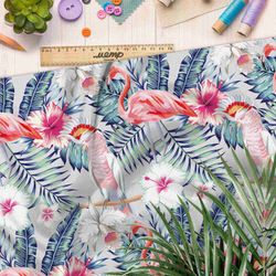 Ткань сатин какаду и фламинго