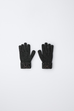 ZARA ВЯЗАНЫЕ ПЕРЧАТКИ С БУСИНАМИ, СЕРЫЙ МЕЛАНЖ