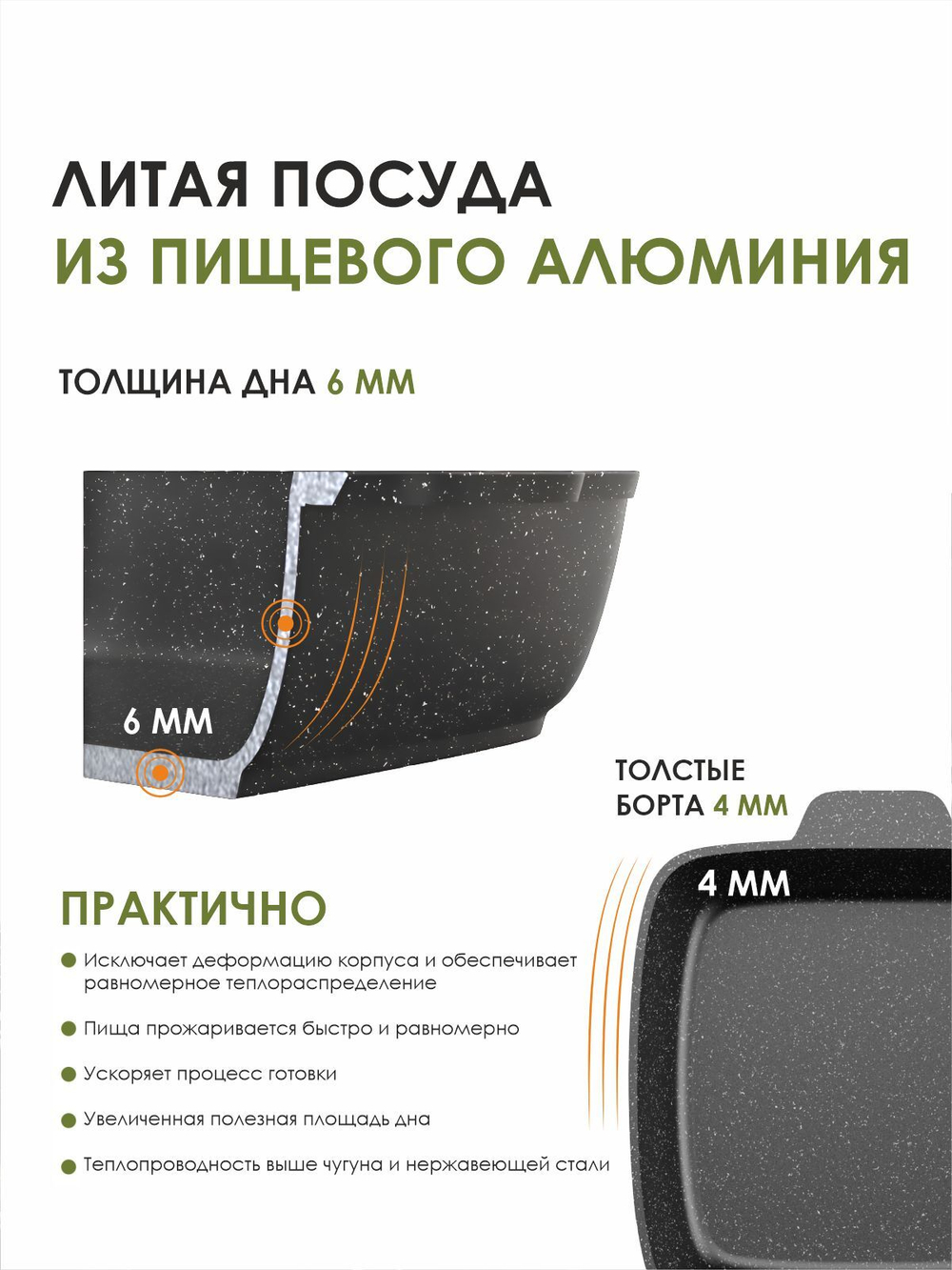 Жаровня квадратная "Мечта" Гранит с крышкой от 2л до 4л