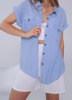 Голубая рубашка с коротким рукавом женская, хлопок