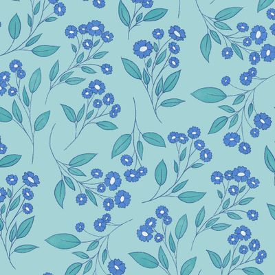 Мелкие голубые цветочки на светло-бирюзовом фоне. Ручной рисунок.