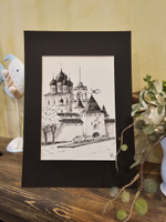 Картина, графика в паспарту 21х30 см на стену для интерьера "Псковский Кром"