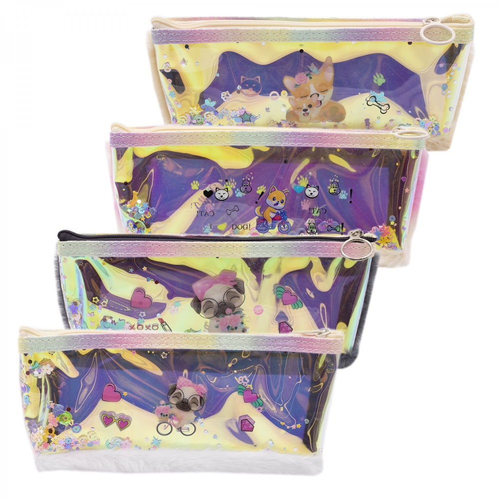 Пенал - косметичка Alingar, мех/голографика, молния, 90х200мм, "Щенки", ассорти (собачки)