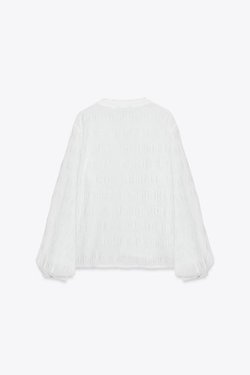 ZARA БЛУЗКА С ВЫШИВКОЙ ПЛИССЕ, БЕЛЫЙ