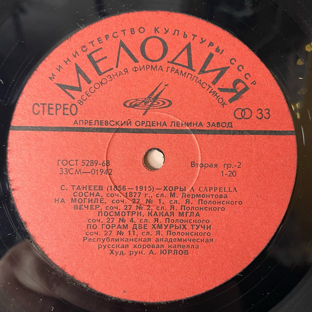 Винтажная виниловая пластинка LP S.Taneyev Сергей Танеев, Хоры Choruses (СССР 1977)