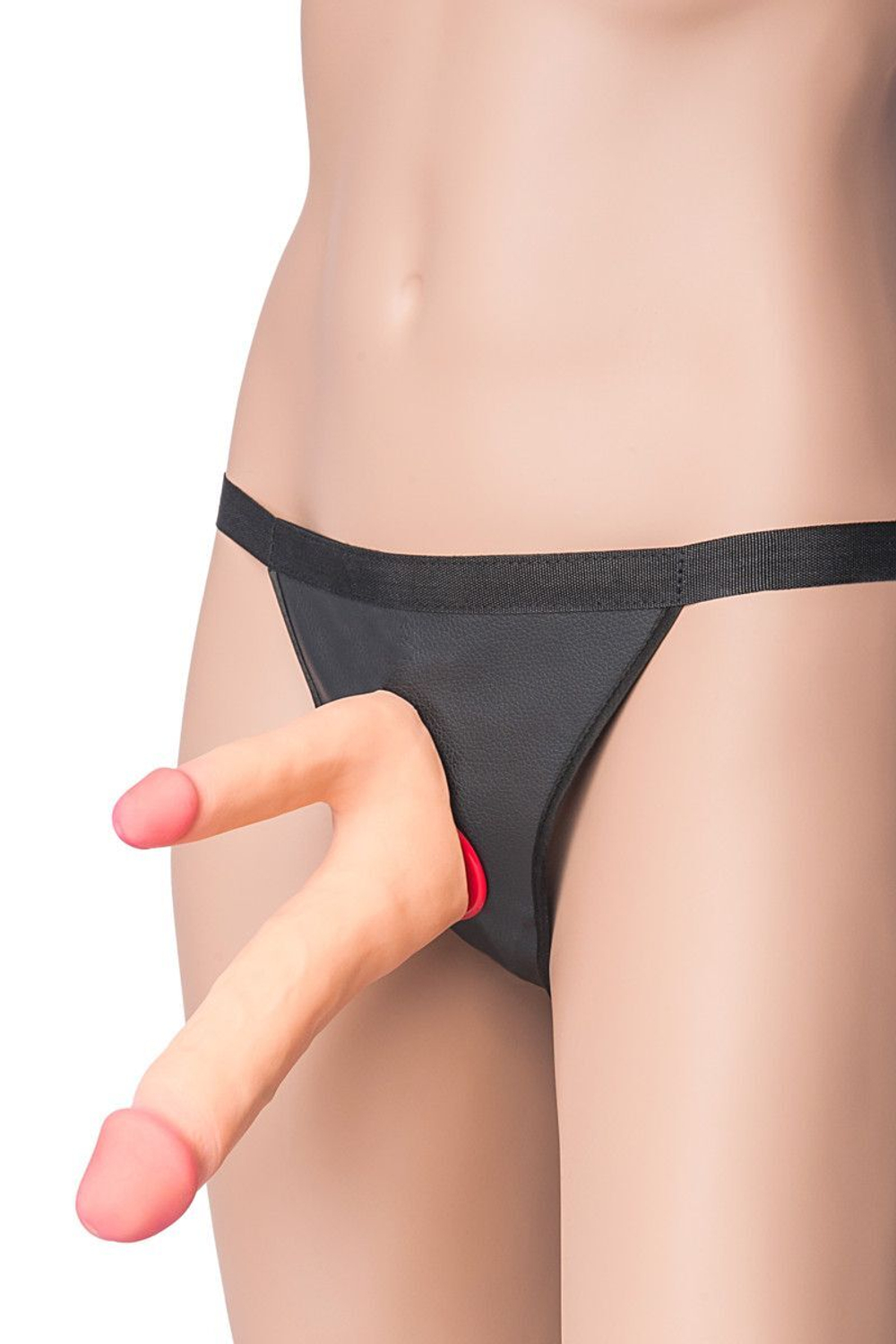 Поясной страпон с насадкой для двойного проникновения - 19 см. (Цвет: телесный)