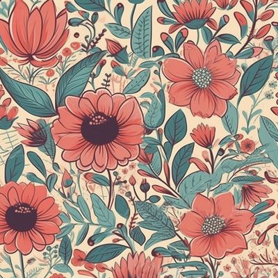 Красные цветы и синие листья на светлом фоне
