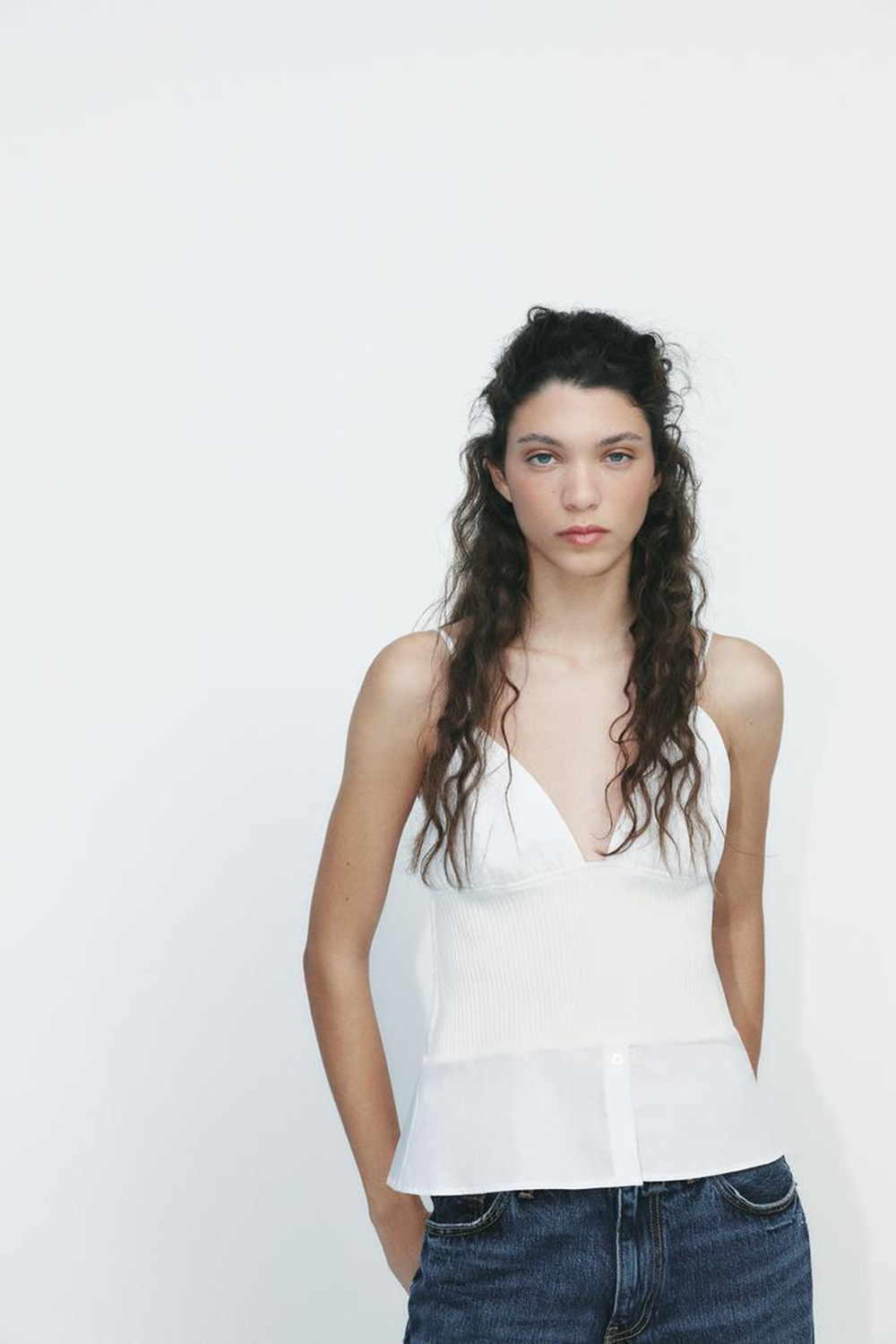 ZARA КОМБИНИРОВАННЫЙ ТОП ИЗ ПОПЛИНА, БЕЛЫЙ