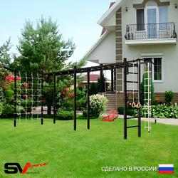 Уличная шведская стенка Sv Sport рукоход х 2 с комплектом турник прямой У53855 (Турник/Со спинкой/Кронш бокс/Канат/кольца/лестница/Сетка)
