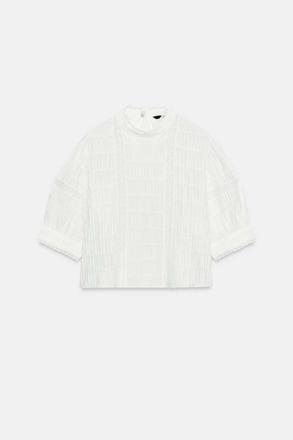 ZARA РУБАШКА С КРУЖЕВОМ И РУКАВАМИ-БУФФАМИ, БЕЛЫЙ