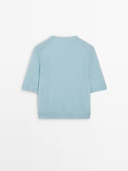 Massimo Dutti Трикотажный свитер из смесовой альпаки с короткими рукавами, небесно-голубой