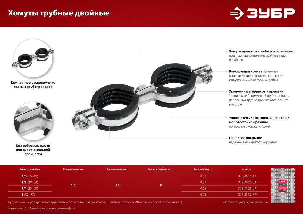 ЗУБР 1/2″, цинк, 8 шт, двойной трубный хомут (37890-20-24)