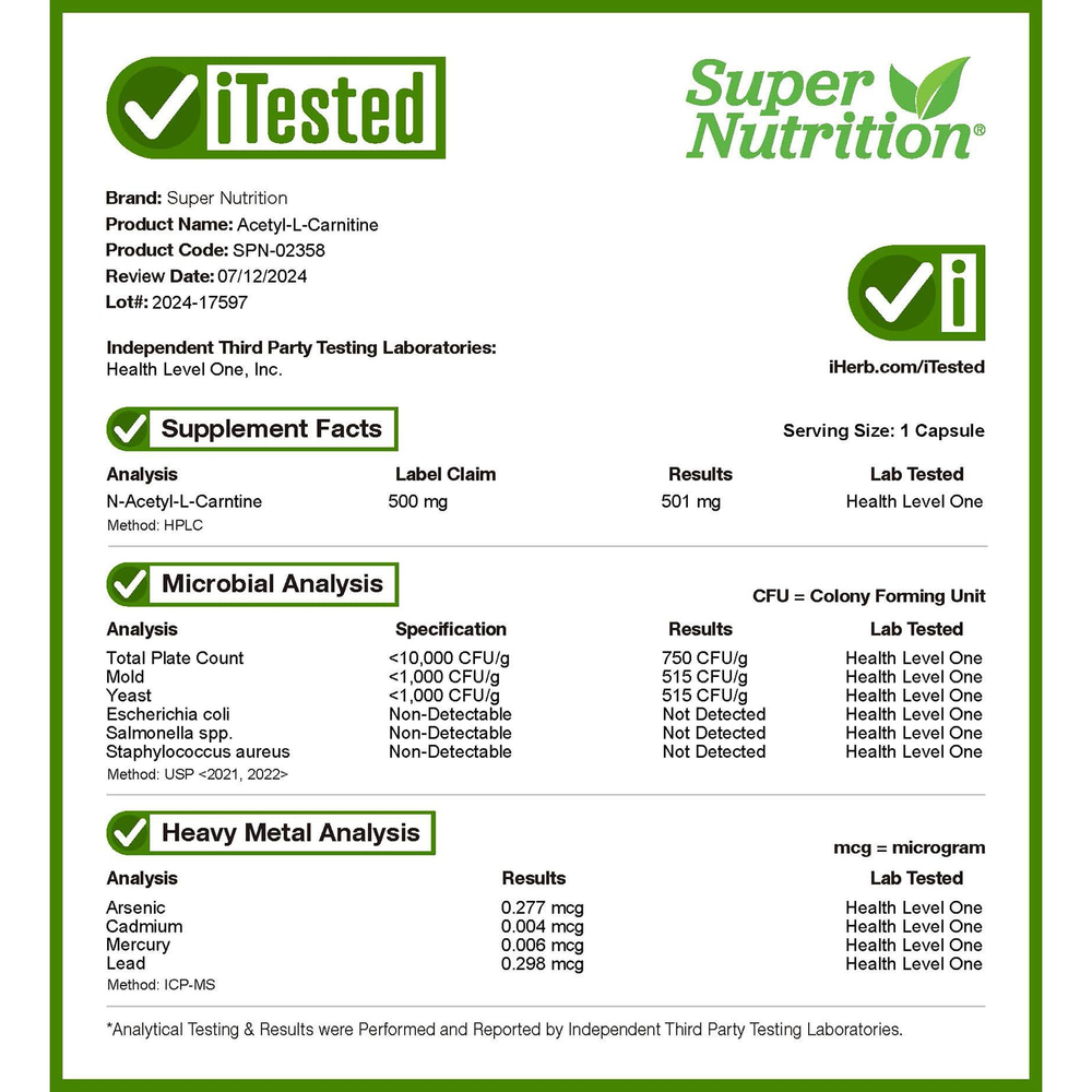 Super Nutrition, ацетил-L-карнитин, 500 мг, 60 растительных капсул