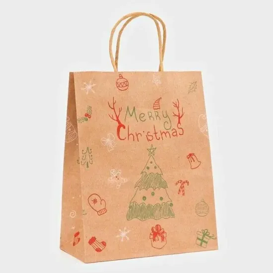 Пакет бумажный подарочный новогодний крафт "Ёлка", 27 х 21 х 11 см.