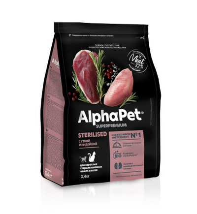 Сухой корм для стерилизованных кошек AlphaPet Superpremium (АльфаПет) 0,4кг с уткой и индейкой