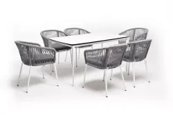 "Малага" обеденная группа на 6 персон со стульями "Марсель", каркас белый, роуп светло-серый