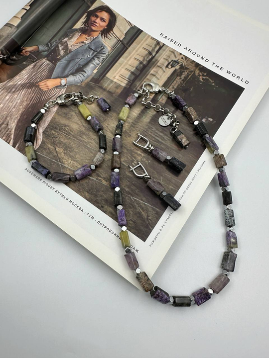 Серьги с чароитом и гематитом, оттенок серебро