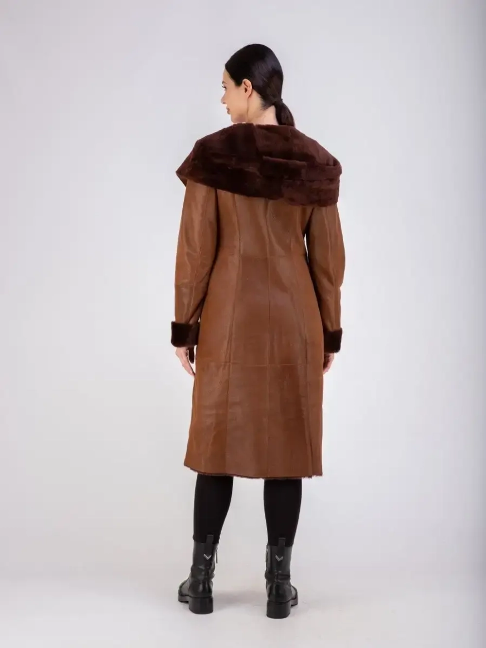 Дубленка женская зима натуральная длинная с капюшоном Турция