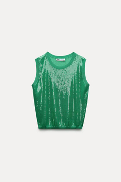 ZARA ТРИКОТАЖНЫЙ ТОП С ПАЙЕТКАМИ БЕЗ РУКАВОВ, ИЗУМРУДНЫЙ