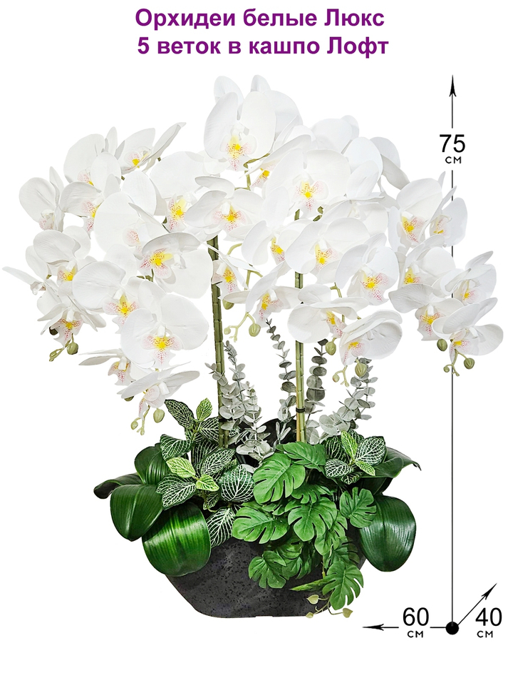 Искусственные орхидеи белые люкс 5 веток в кашпо Лофт