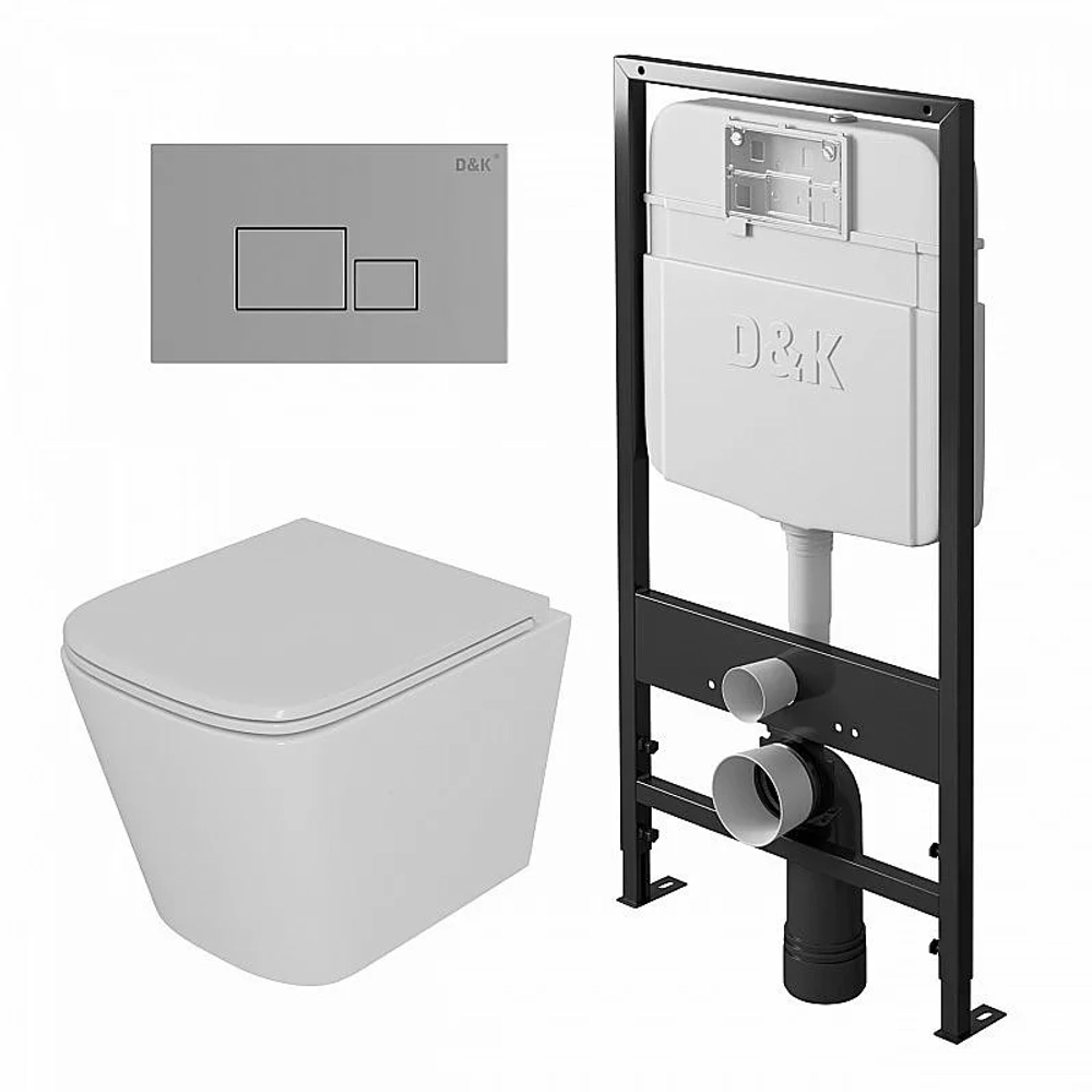 Унитаз подвесной с инсталляцией D&K Berlin DS1431606 белый/кнопка хром, безободковый, с крышкой микролифт