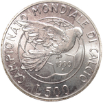 500 лир 1990 г. Италия. Чемпионат мира по футболу 1990 года. Серебро. UNC