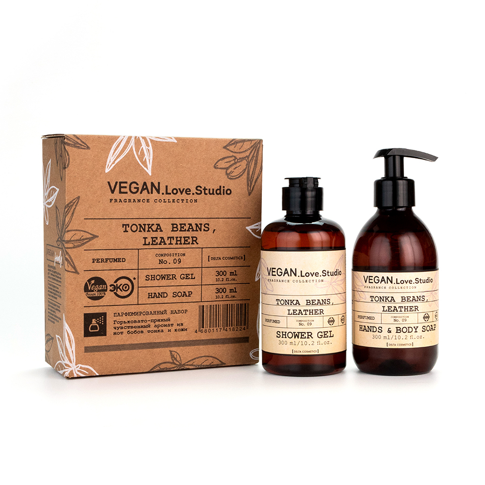 Косметический набор VEGAN.Love.Studio «Tonka Beans, Leather» (гель для душа 300 мл + мыло для рук 300 мл)