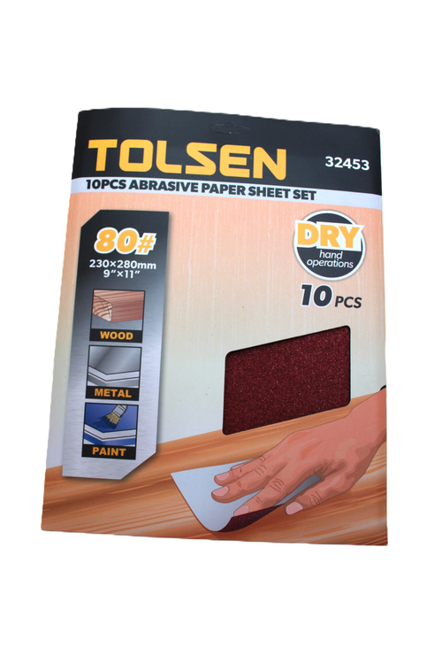 Шлифлист на бумажной основе TOLSEN P80 оксид алюминия 230х280мм 10шт. 32453