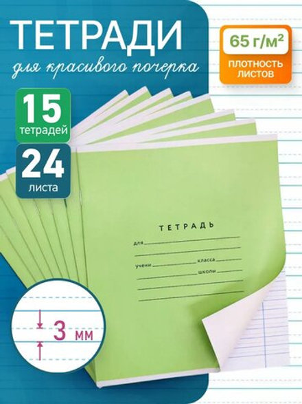Набор тетрадей А5, ПКБ 24 л, обложка "зелёная", 15 шт