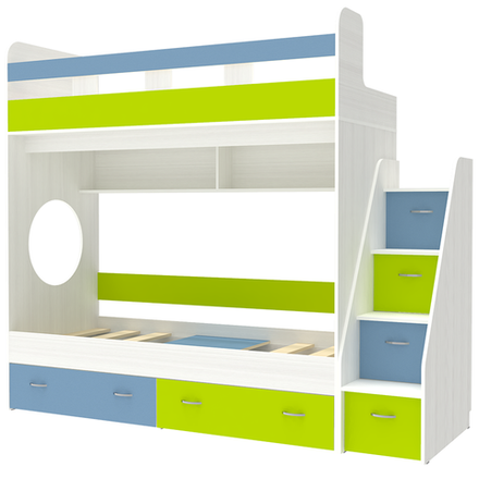 Двухъярусная кровать КарИВи Юниор 1 80x160 Белое Дерево Голубой, Лайм