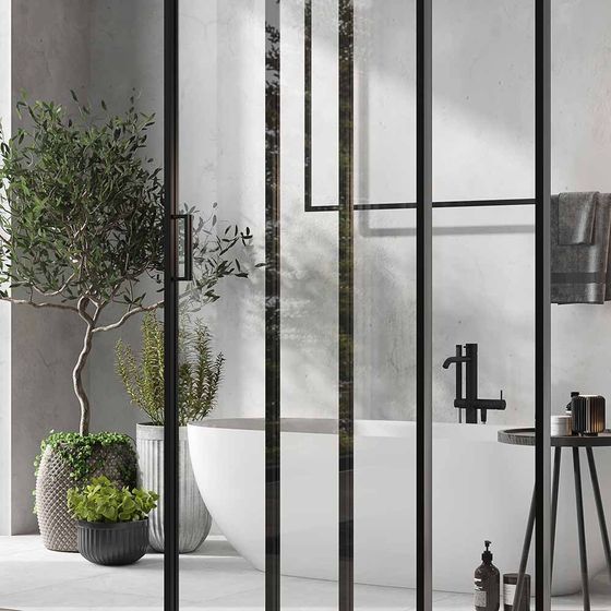 Алюминиевая стеклянная перегородка Каскад AG 1 чёрный матовый стекло прозрачное в интерьере