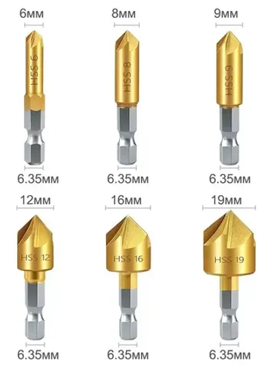Набор зенкеров с титановым покрытием по металлу и дереву XCAN шестигранный хвостовик, 90 градусов, 6-19 мм, 6 шт.