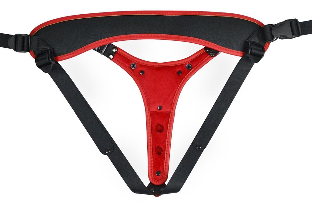 Красно-черный женский пояс с 2 способами крепления насадок и вагинальной пробкой (Цвет: красный с черным)