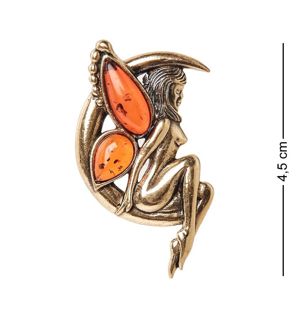AM-2038 Брошь «Фея на луне» (латунь, янтарь)
