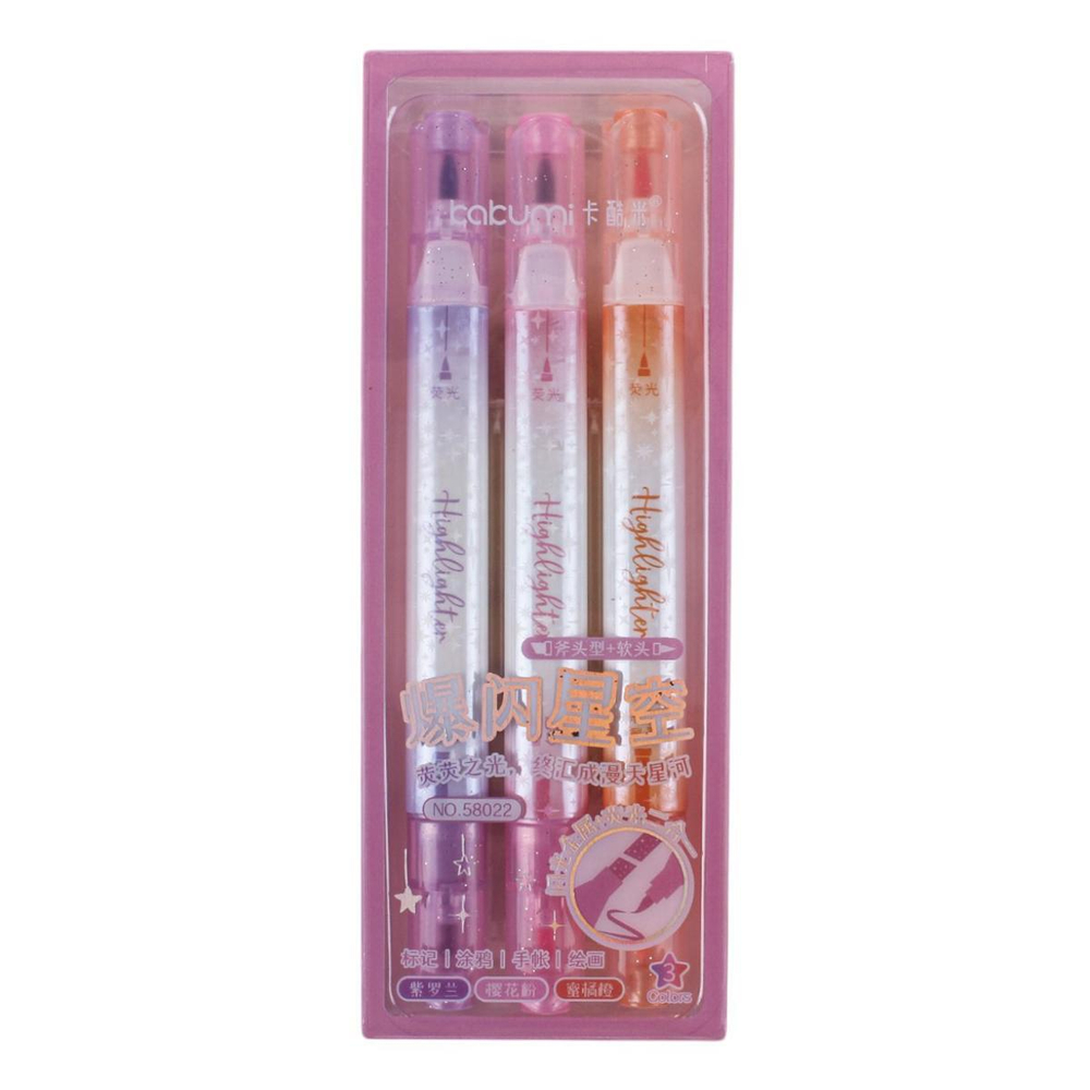 Набор текстовыделителей 3шт. 2-х стор,1 стор-кисточка,цв.пастель, 2 стор-с блестк. розовый