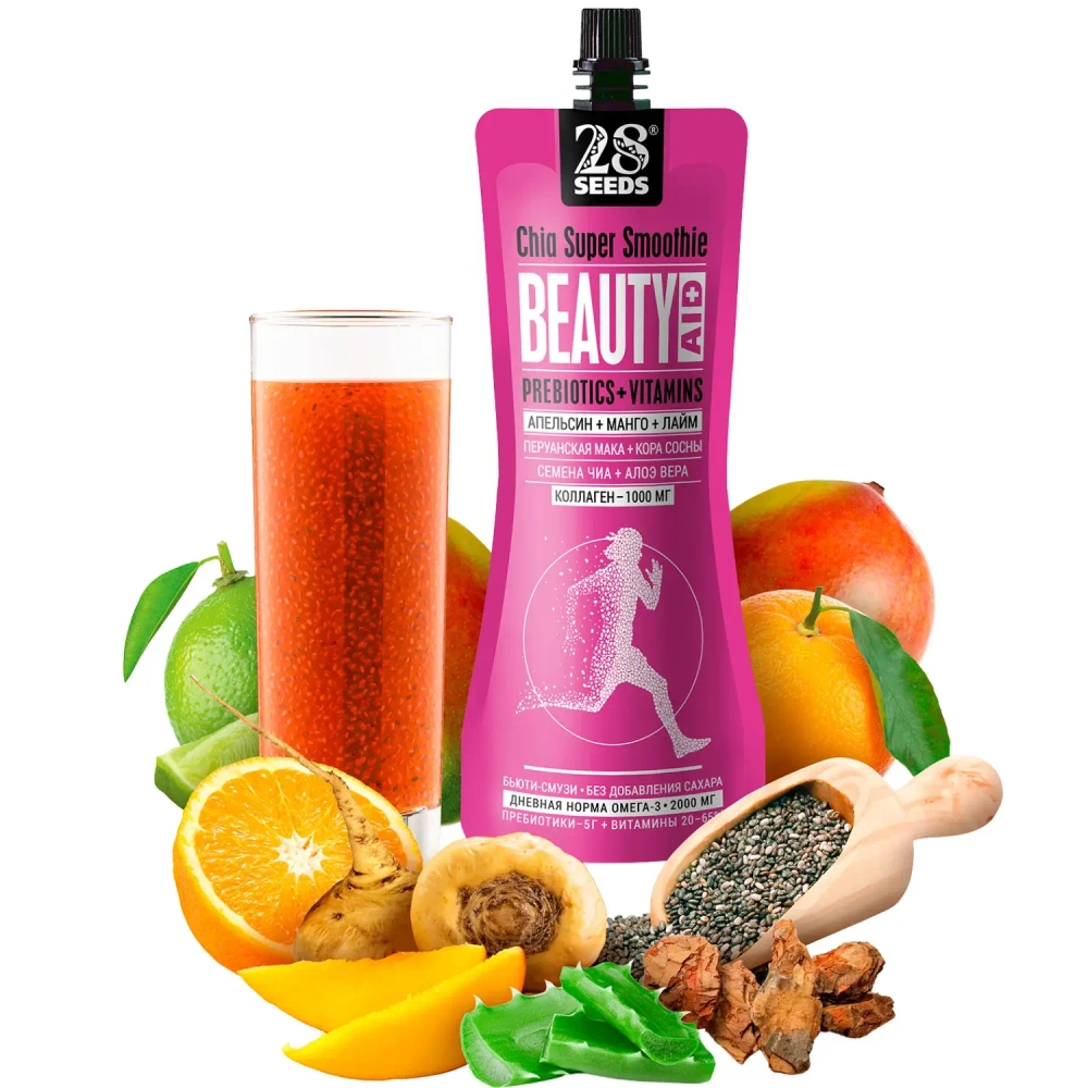 Смузи ЧИА БЬЮТИ «Апельсин + Манго + Лайм» 250 мл 28SEEDS — beauty-смузи с семенами чиа, коллагеном, пребиотиками и витаминами