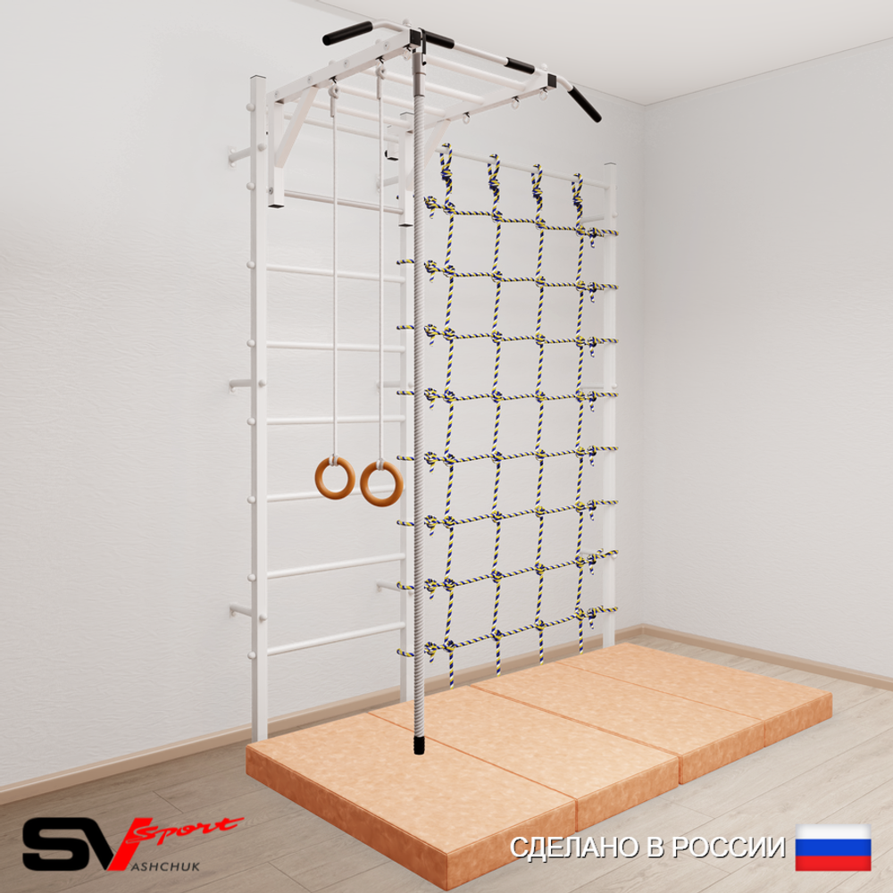 Шведская стенка Sv Sport усиленная 63340 (Турник рукоход/Канат/Кольца/Мат 2м/Канатный лаз)