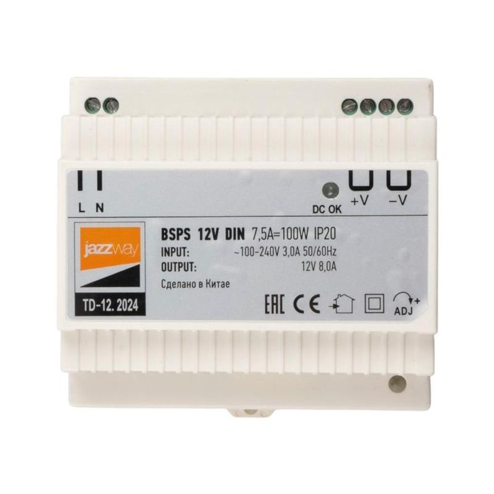 Блок питания для светодиодной ленты BSPS DIN 12В 7.5А=100Вт PL IP20 Pro+ JazzWay 5049987