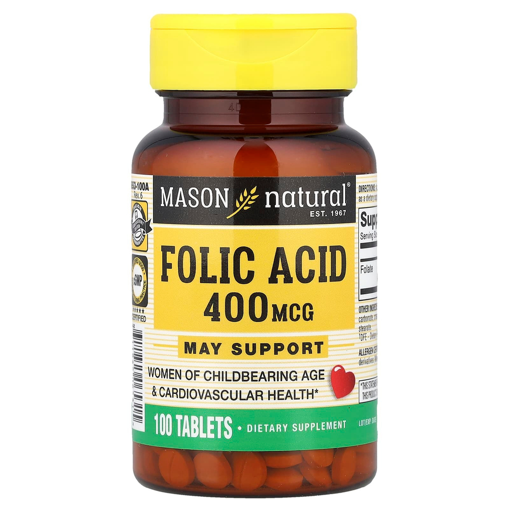 Mason Natural, фолиевая кислота, 400 мкг, 100 таблеток