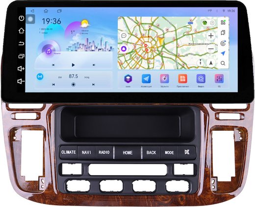 Магнитола для Toyota Land Cruiser 100, Lexus LX470 1998-2002 (климат на ШГУ, рамка дерево) - FarCar монитор 12.3" 2K QLED на Android 14, TS10, CarPlay, 4G SIM-слот