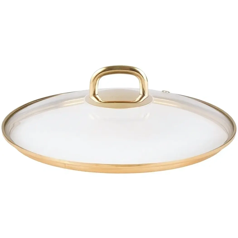 Крышка стеклянная 300мм, с ободом и пароотводом из нерж. стали под золото и ручкой-кнопкой