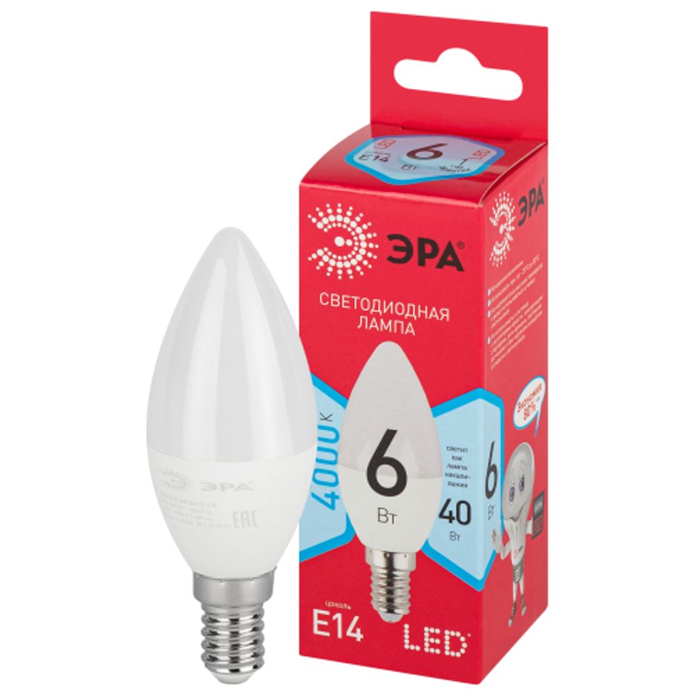 Лампочка светодиодная ЭРА RED LINE LED B35-6W-840-E14 R E14 / Е14 6 Вт свеча нейтральный белый свет