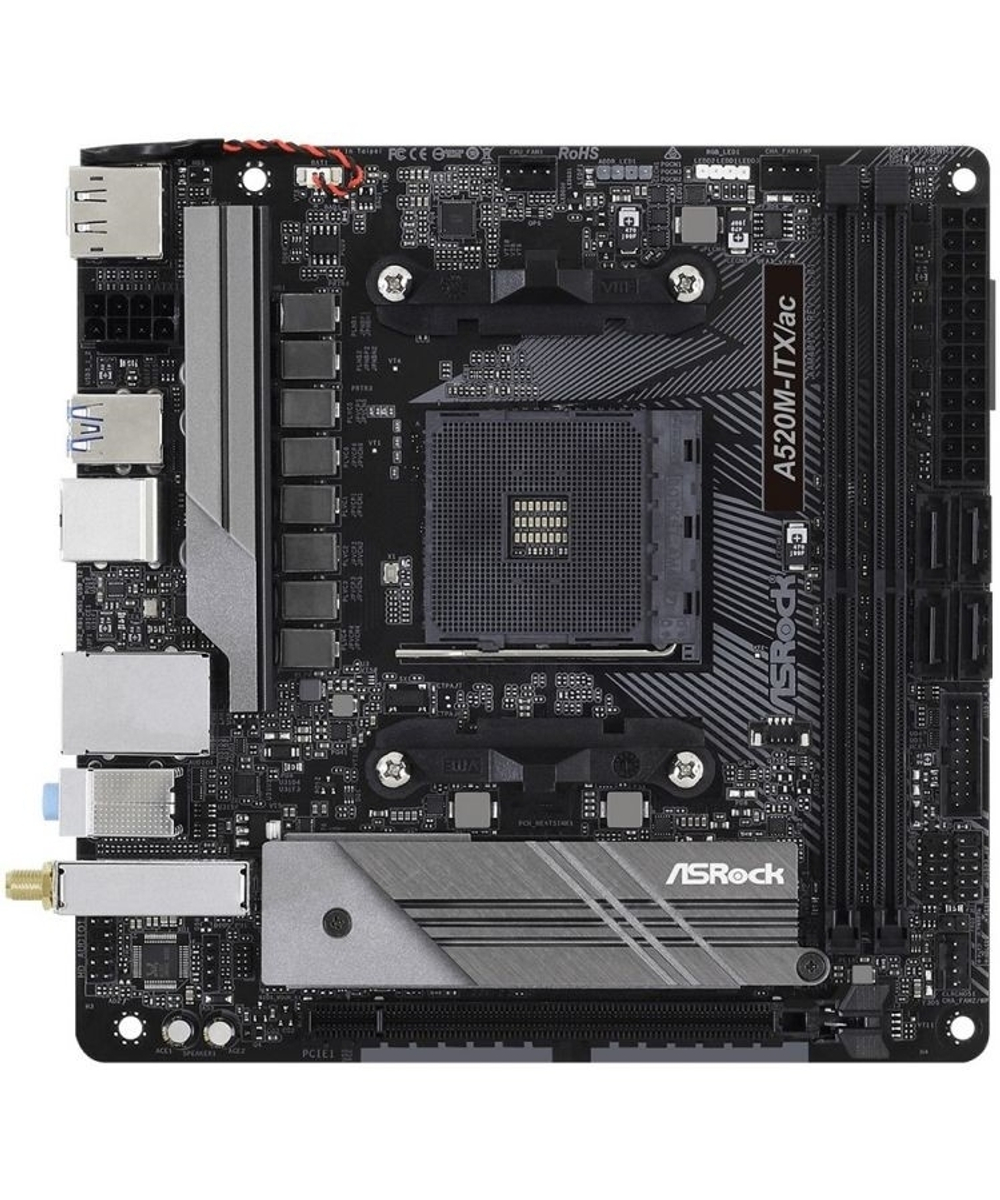 Материнская плата Asrock A520M-ITX/AC RTL (AMD A520, сокет: AM4, слоты: 2 слота DDR4 DIMM (2133 - 4733 МГц), SATA: 6 Гбит/с х4, A520M-ITX/AC)