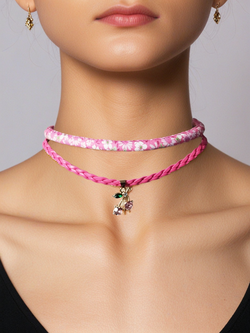 Кожаный чокер "Ромашки, вишня" розовый.