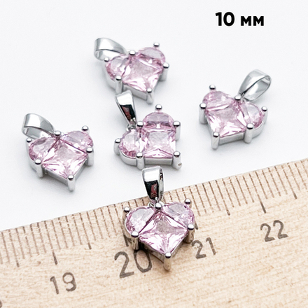 Подвеска Сердце, цвет серебро+розовый, размер 10 мм, цена за 1 шт
