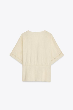 ZARA ТОП ИЗ СМЕСОВОГО ЛЬНА С КРУЖЕВОМ, ПЕСОЧНЫЙ