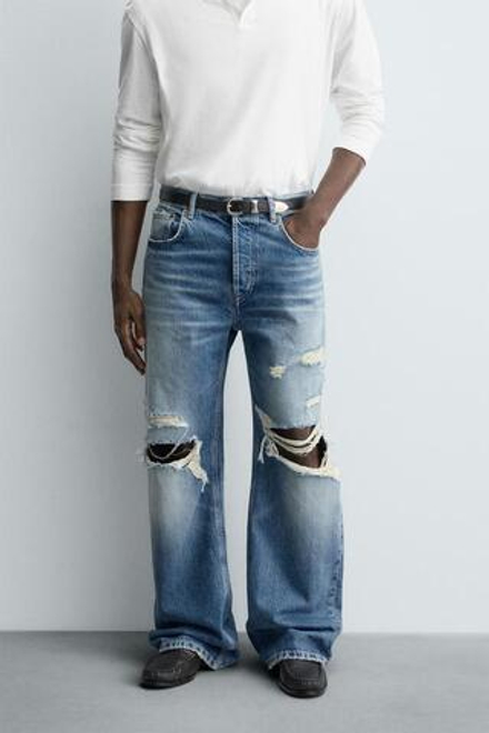 ZARA ДЖИНСЫ RELAXED FIT С РАЗРЕЗАМИ, СИНИЙ
