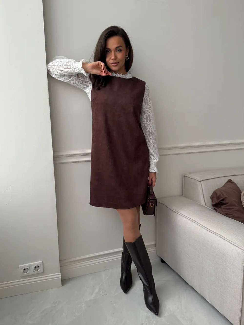 Платье сарафан офисное замшевое А силуэт стильный