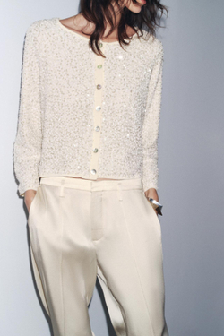 ZARA КАРДИГАН С ПАЙЕТКАМИ, ЭКРЮ