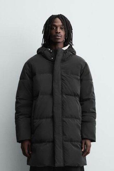 ZARA ДЛИННАЯ СТЕГАНАЯ КУРТКА, ЧЕРНЫЙ